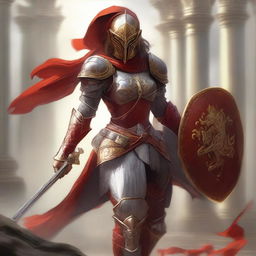 A female paladin with a mask and helmet, wearing red and silver armor