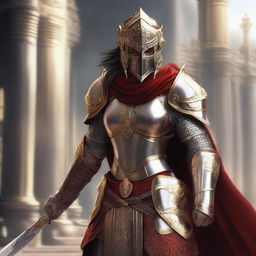 A female paladin with a mask and helmet, wearing red and silver armor