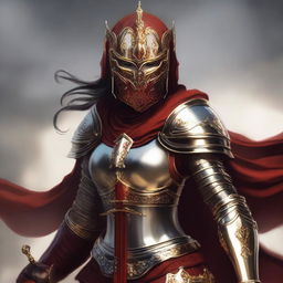 A female paladin with a mask and helmet, wearing red and silver armor