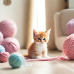 A cute and adorable scene featuring a small kitten playing with a ball of yarn in a cozy, sunlit room