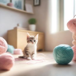 A cute and adorable scene featuring a small kitten playing with a ball of yarn in a cozy, sunlit room