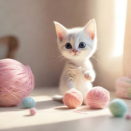 A cute and adorable scene featuring a small kitten playing with a ball of yarn in a cozy, sunlit room