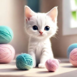 A cute and adorable scene featuring a small kitten playing with a ball of yarn in a cozy, sunlit room