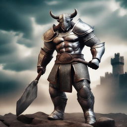 A heroic minotaur warrior knight standing valiantly in a medieval battlefield