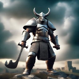 A heroic minotaur warrior knight standing valiantly in a medieval battlefield