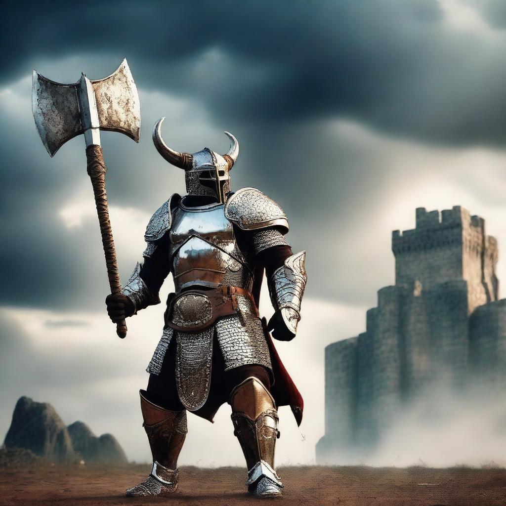 A heroic minotaur warrior knight standing valiantly in a medieval battlefield