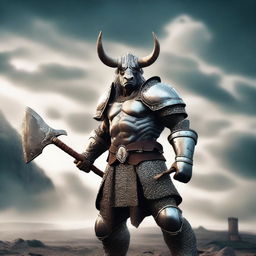 A heroic minotaur warrior knight standing valiantly in a medieval battlefield