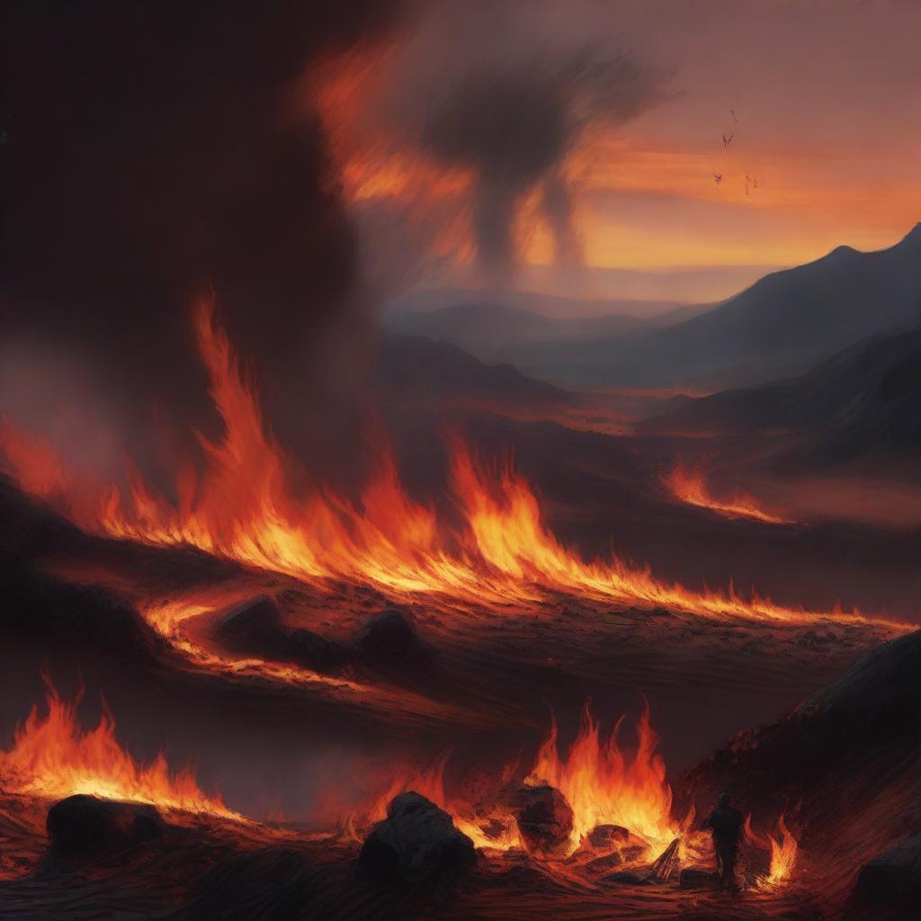 A visually striking and intense scene featuring a blazing fire in a dramatic landscape