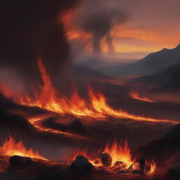 A visually striking and intense scene featuring a blazing fire in a dramatic landscape