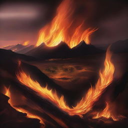 A visually striking and intense scene featuring a blazing fire in a dramatic landscape