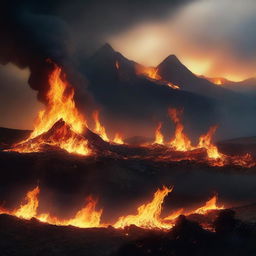 A visually striking and intense scene featuring a blazing fire in a dramatic landscape