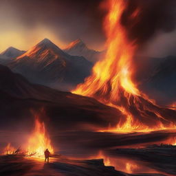 A visually striking and intense scene featuring a blazing fire in a dramatic landscape