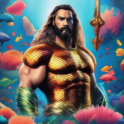 A detailed movie poster of Aquaman standing majestically in a vibrant coral reef