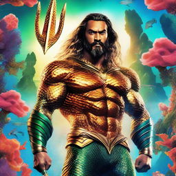 A detailed movie poster of Aquaman standing majestically in a vibrant coral reef