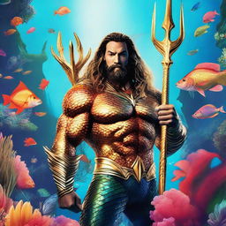 A detailed movie poster of Aquaman standing majestically in a vibrant coral reef