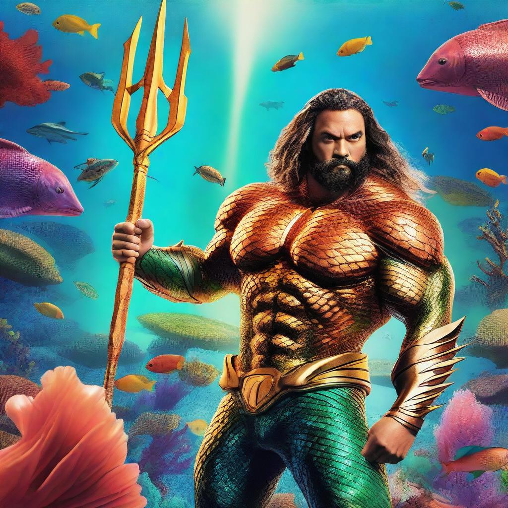 A detailed movie poster of Aquaman standing majestically in a vibrant coral reef