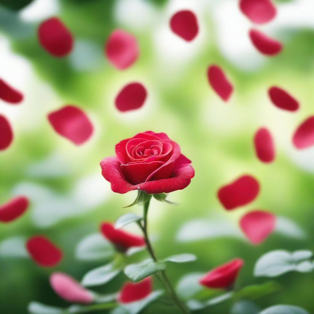 A serene scene with red rose petals floating gently in the air, creating a sense of calm and beauty