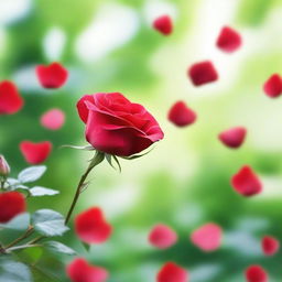 A serene scene with red rose petals floating gently in the air, creating a sense of calm and beauty