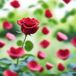 A serene scene with red rose petals floating gently in the air, creating a sense of calm and beauty