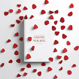 A white book cover with red rose petals flying across it