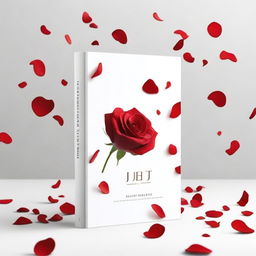 A white book cover with red rose petals flying across it