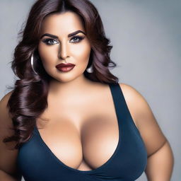 A voluptuous woman with a seductive and confident expression, wearing a stylish outfit that highlights her cleavage