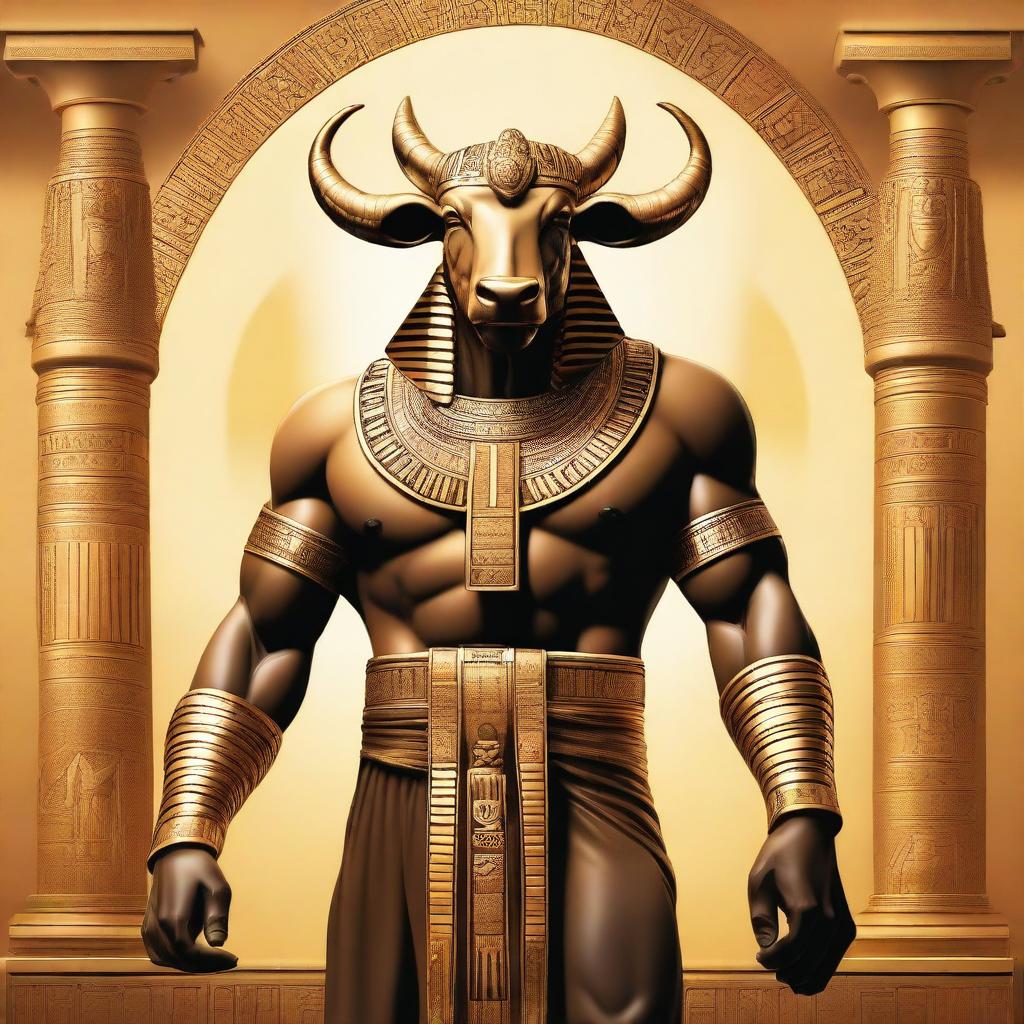 A realistic depiction of Apis, the Egyptian bull god, portrayed as a champion