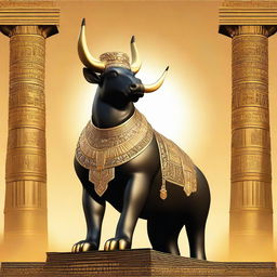 A realistic depiction of Apis, the Egyptian bull god, portrayed as a champion