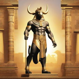 A realistic depiction of Apis, the Egyptian bull god, portrayed as a champion