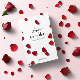 A white book cover with red rose petals flying across it