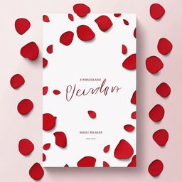 A white book cover with red rose petals flying across it