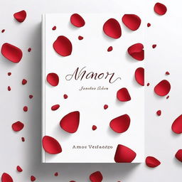 A white book cover with red rose petals flying across it