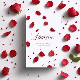 A white book cover with red rose petals flying across it