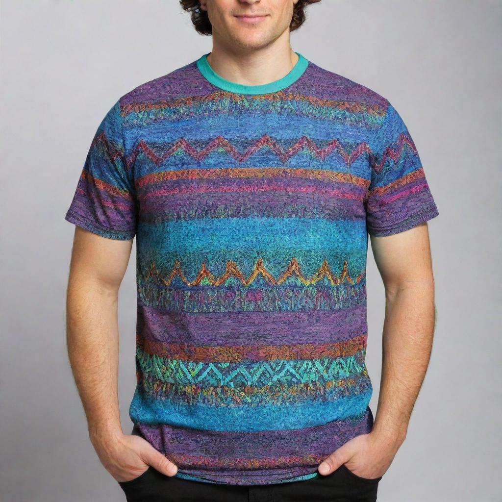 A creatively designed t-shirt with vibrant colors and unique patterns