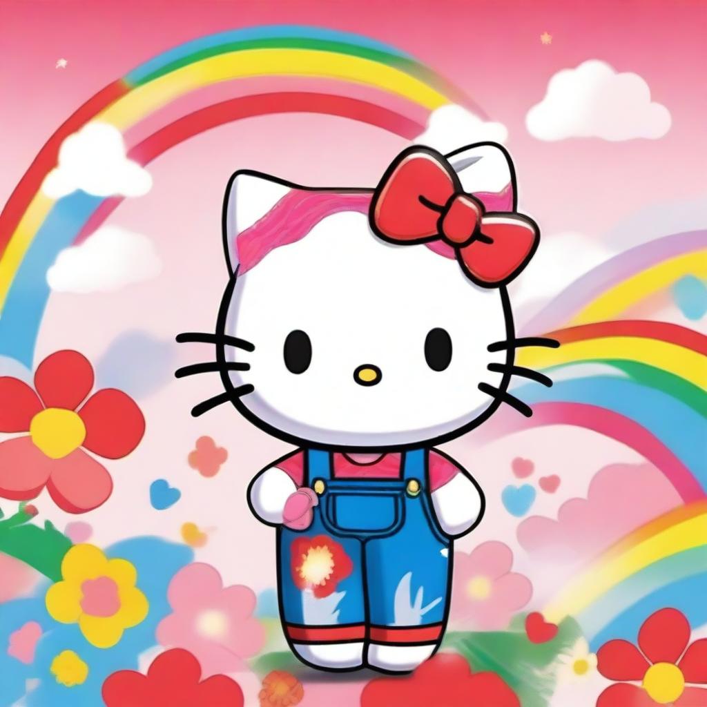 A cute and friendly image of Hello Kitty, standing with a cheerful expression, wearing her signature red bow and overalls