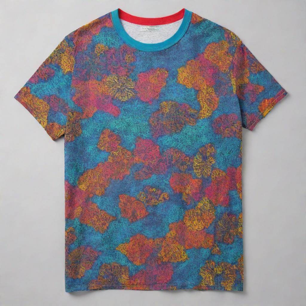 A creatively designed t-shirt with vibrant colors and unique patterns