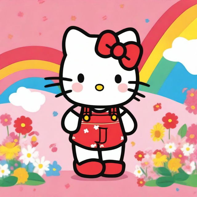 A cute and friendly image of Hello Kitty, standing with a cheerful expression, wearing her signature red bow and overalls