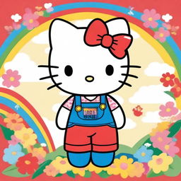 A cute and friendly image of Hello Kitty, standing with a cheerful expression, wearing her signature red bow and overalls