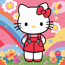 A cute and friendly image of Hello Kitty, standing with a cheerful expression, wearing her signature red bow and overalls