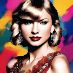 A detailed portrait of Taylor Swift, showcasing her in a glamorous outfit, with a vibrant background that highlights her musical career