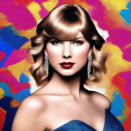 A detailed portrait of Taylor Swift, showcasing her in a glamorous outfit, with a vibrant background that highlights her musical career