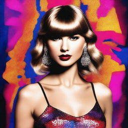 A detailed portrait of Taylor Swift, showcasing her in a glamorous outfit, with a vibrant background that highlights her musical career