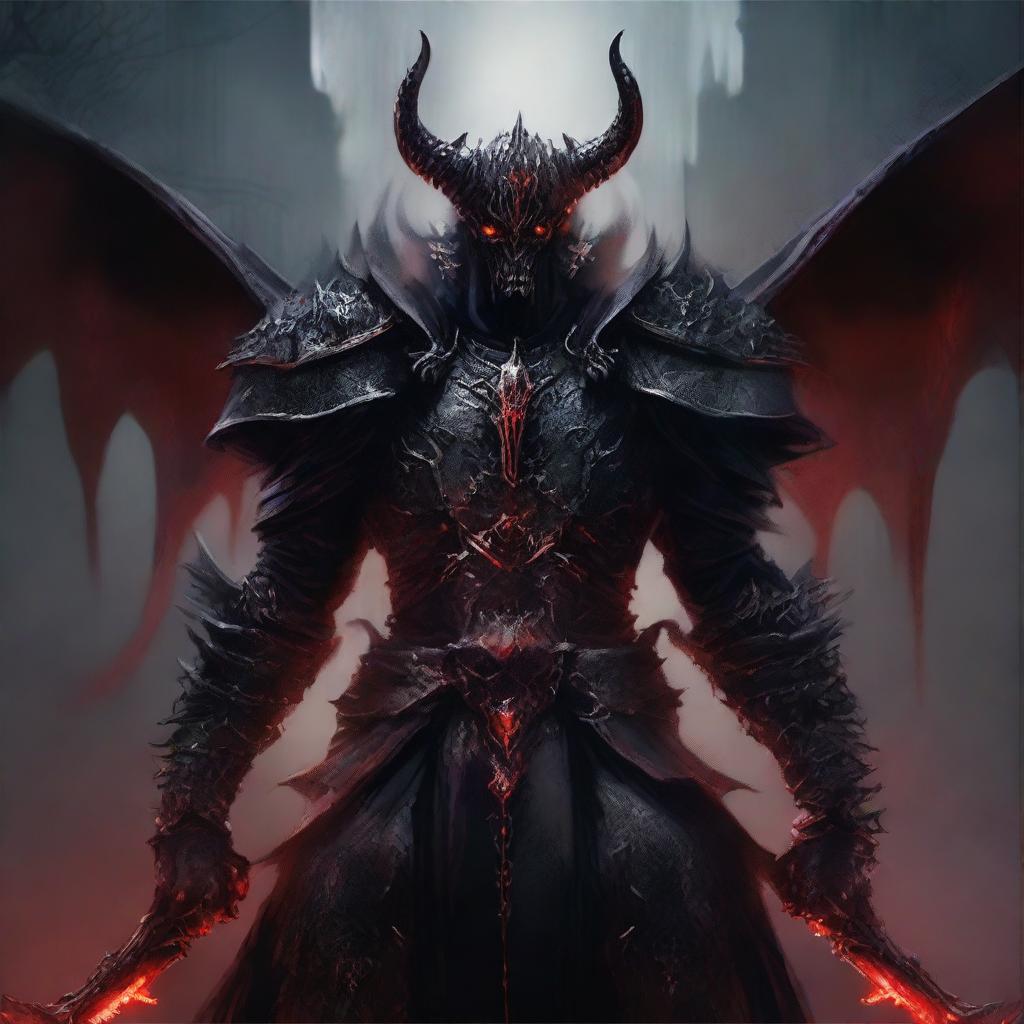 A dark and menacing demon lord, with a sinister aura and glowing red eyes, dressed in elaborate armor