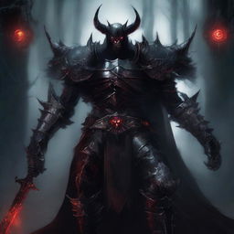 A dark and menacing demon lord, with a sinister aura and glowing red eyes, dressed in elaborate armor