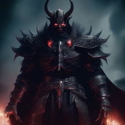 A dark and menacing demon lord, with a sinister aura and glowing red eyes, dressed in elaborate armor