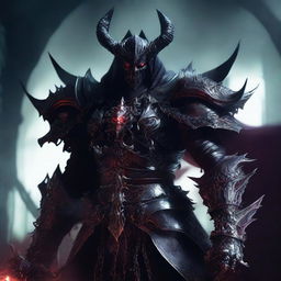 A dark and menacing demon lord, with a sinister aura and glowing red eyes, dressed in elaborate armor