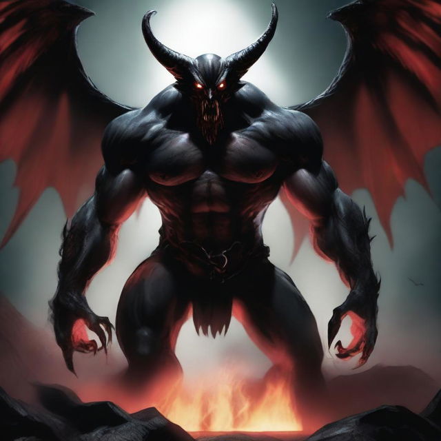 A fierce demon in full demon mode, with glowing red eyes, sharp claws, and dark wings, but humorously wearing a diaper