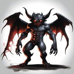 A fierce demon in full demon mode, with glowing red eyes, sharp claws, and dark wings, but humorously wearing a diaper