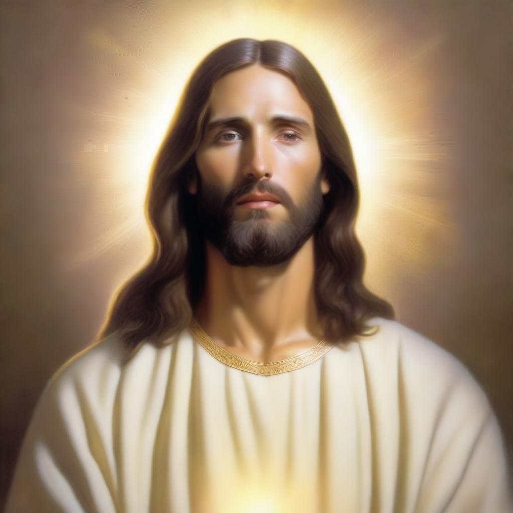 A serene and peaceful depiction of Jesus Christ, with a gentle expression, surrounded by a warm and glowing light