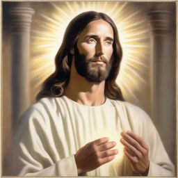 A serene and peaceful depiction of Jesus Christ, with a gentle expression, surrounded by a warm and glowing light